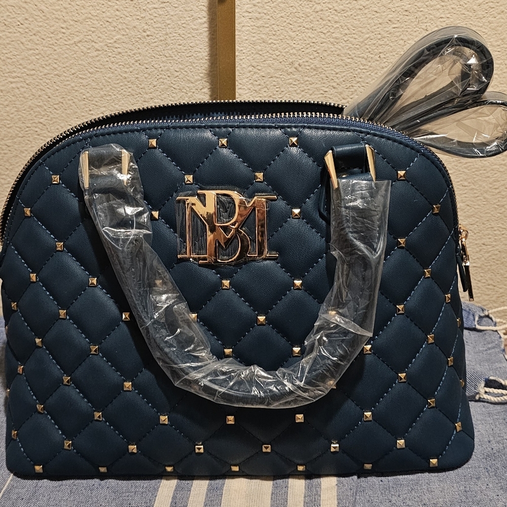 Badgley Mischka Navy Quilted Satchel with Gold Hardware